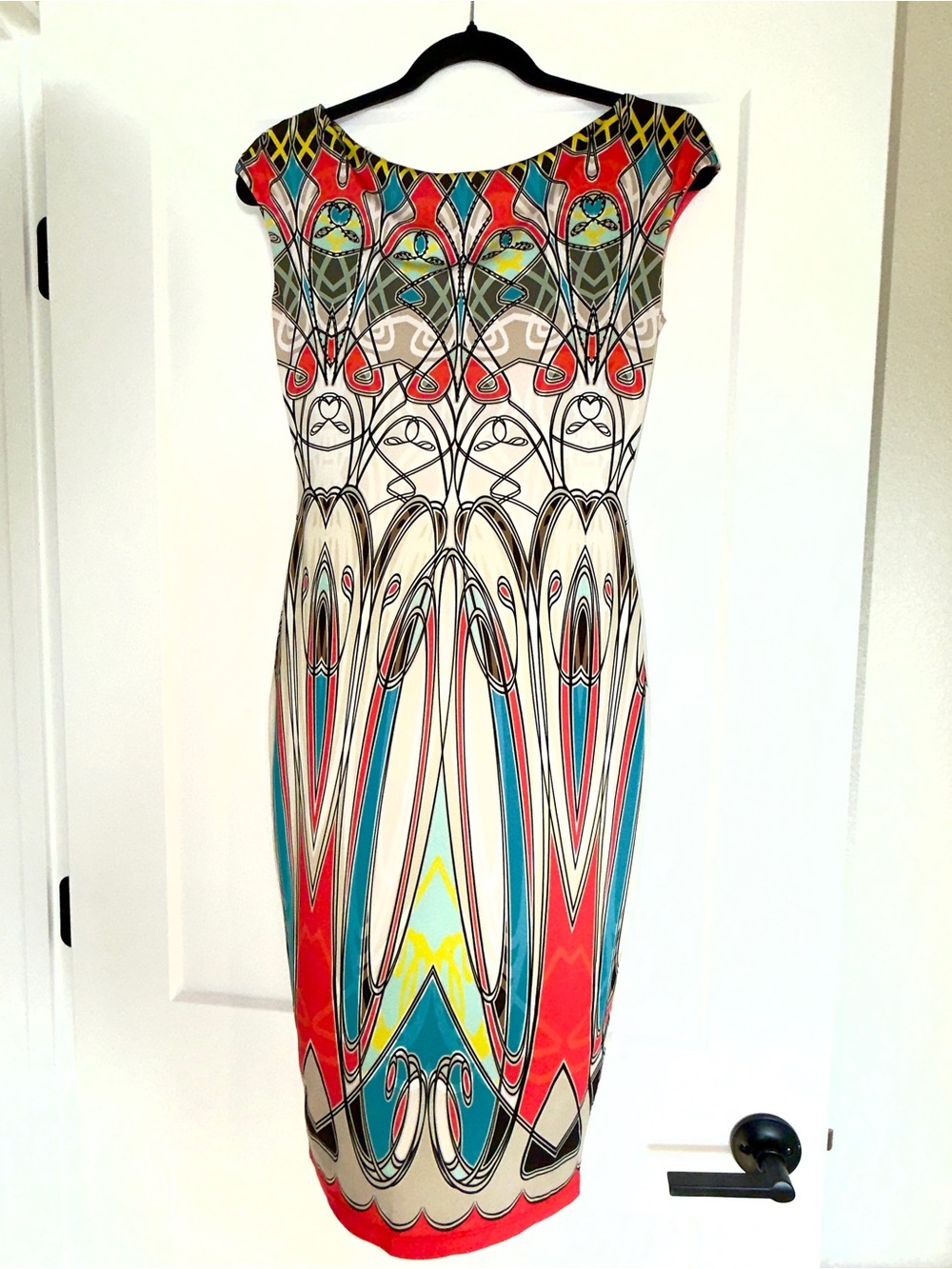 Blumarine Colorful Abstract Print Dress - Red, Teal Cream bodycon Sz 4 Italy 40